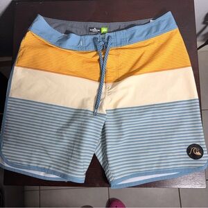Quiksilver Blue and Yellow Striped Board Shorts